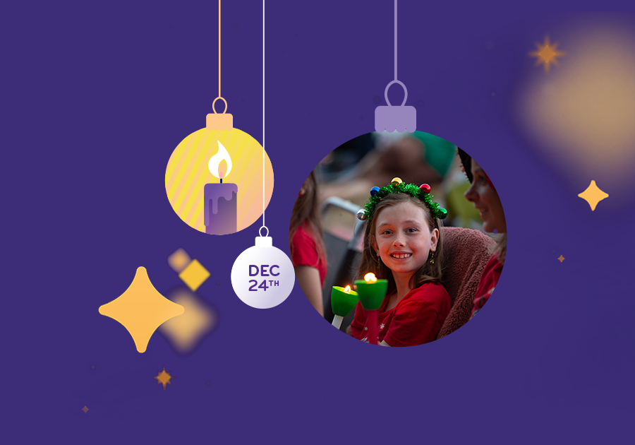 Stars and baubles on a purple background with a girl holding a candle. Dec 24th.