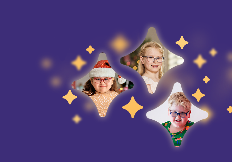 Stars containing photos of three children on a purple background