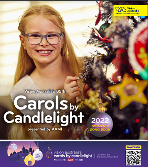 Front cover of the Carols by Candlelight Songbook. Young girls peeks out from behind a Christmas Tree.
