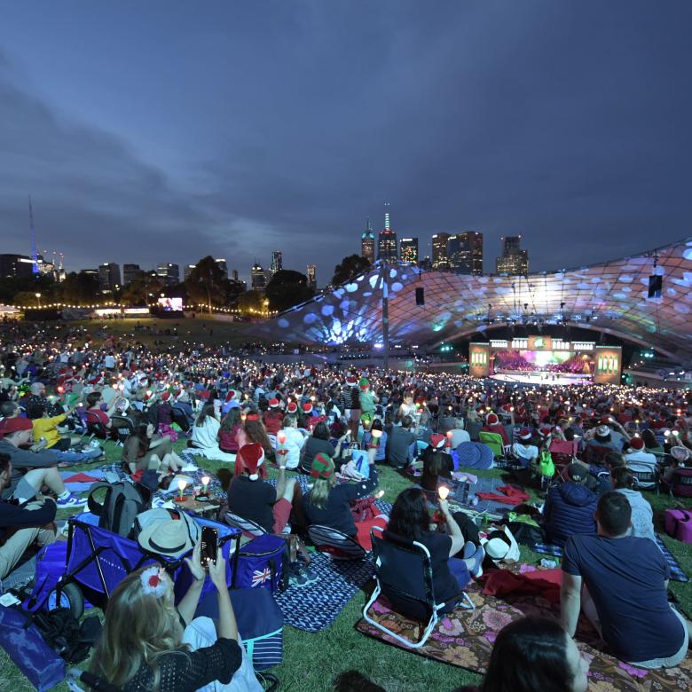 View of the Sidney Myer Music Bowl and crowd from the back of the lawn