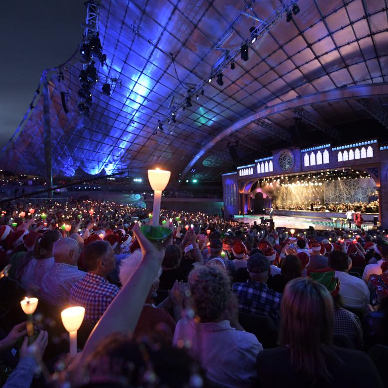 View of the Carols stage and crowd from the stalls
