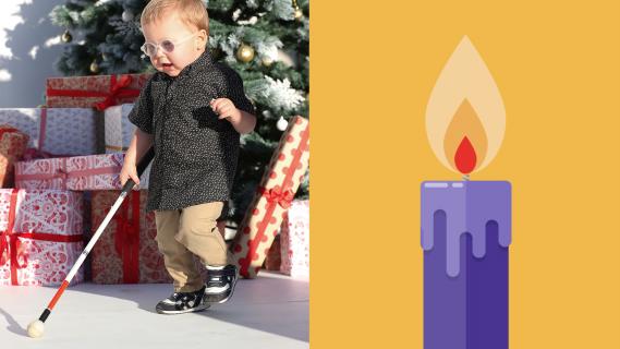 The image shows Vision Australia client, Parker, who was about 18months old when the picture was taken. Parker is wearing a small pair of children’s glasses and is dressed in a black shirt and brown pants. He is walking with a small white cane in front of a Christmas tree with festively wrapped Christmas presents underneath it. On the right side of the image is a purple candle on an orange background.