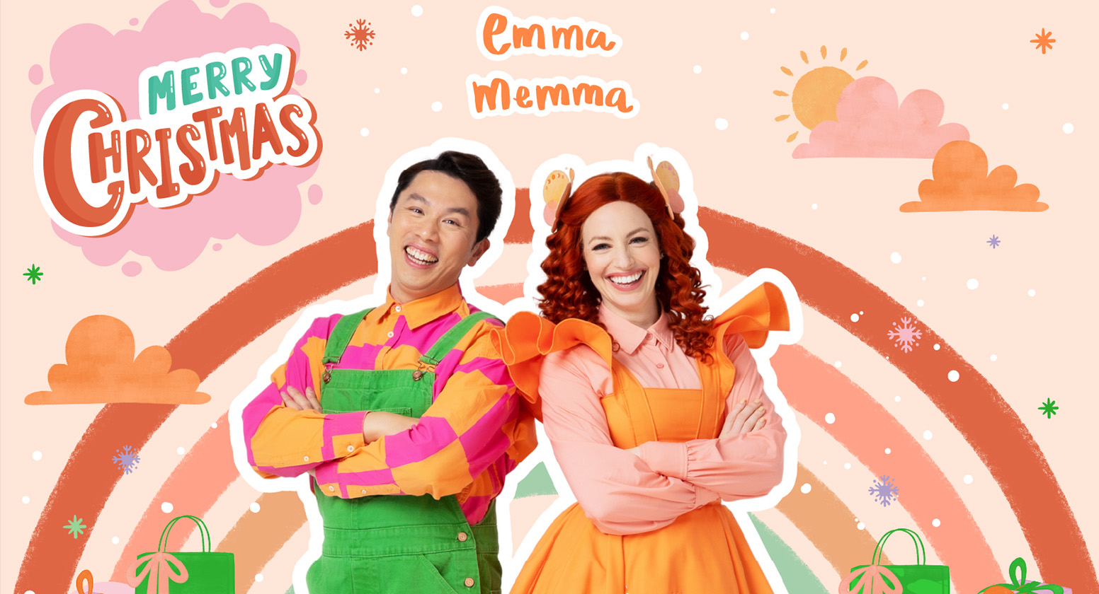 Emma Memma and Elvin Melvin standing next to each other in brightly coloured outfits